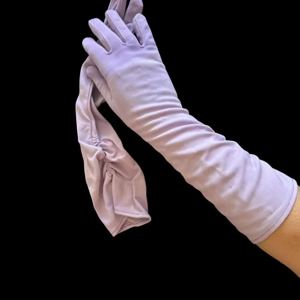 Vintage 1950s Lavender Nylon Opera Gloves Size 6 –Hand Dyed, Ruched Elbow Length
